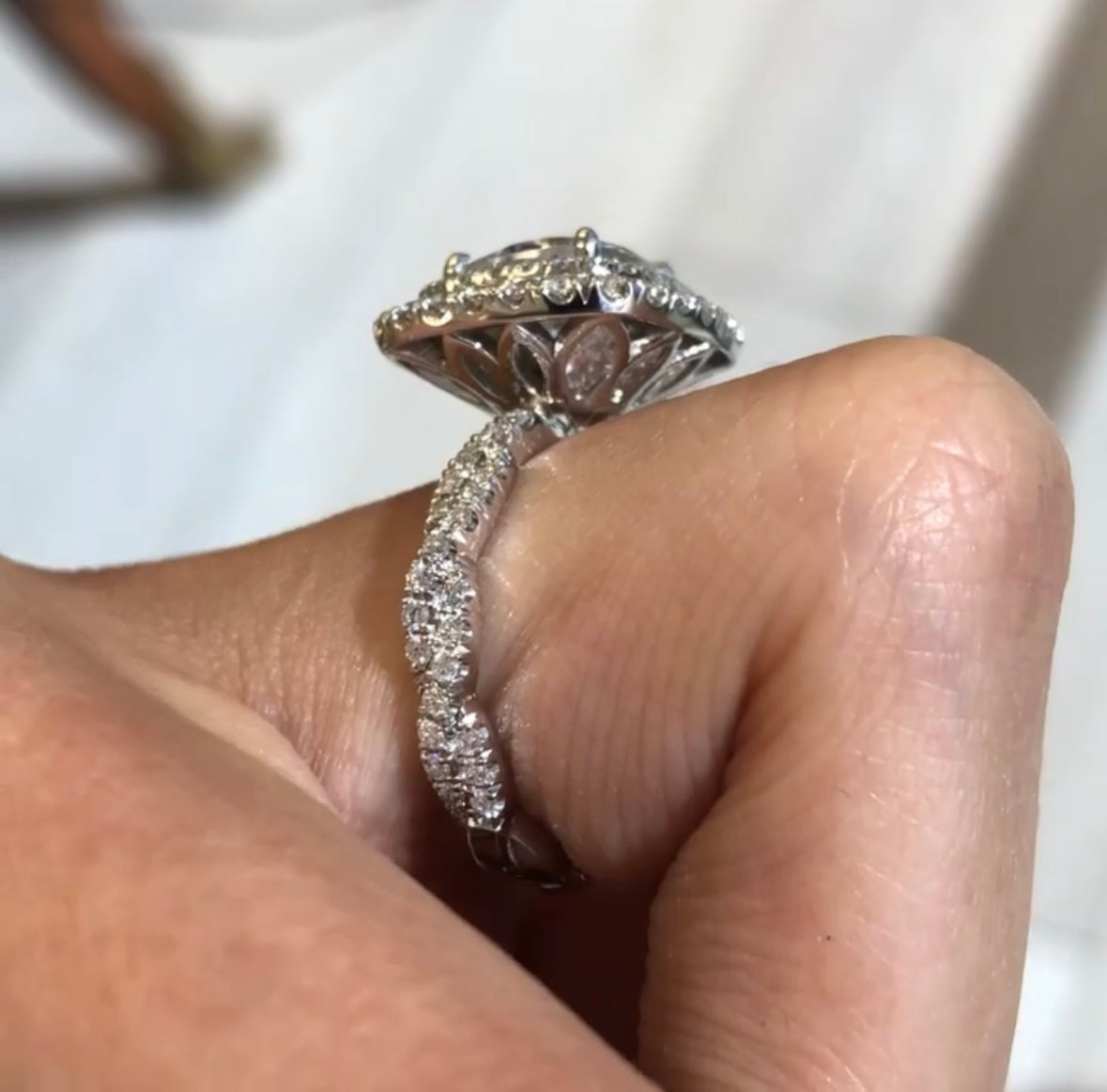 round cut moissanite ring round double halo engagement ring tulip set twisted band ring white gold wedding ring anniversary ring