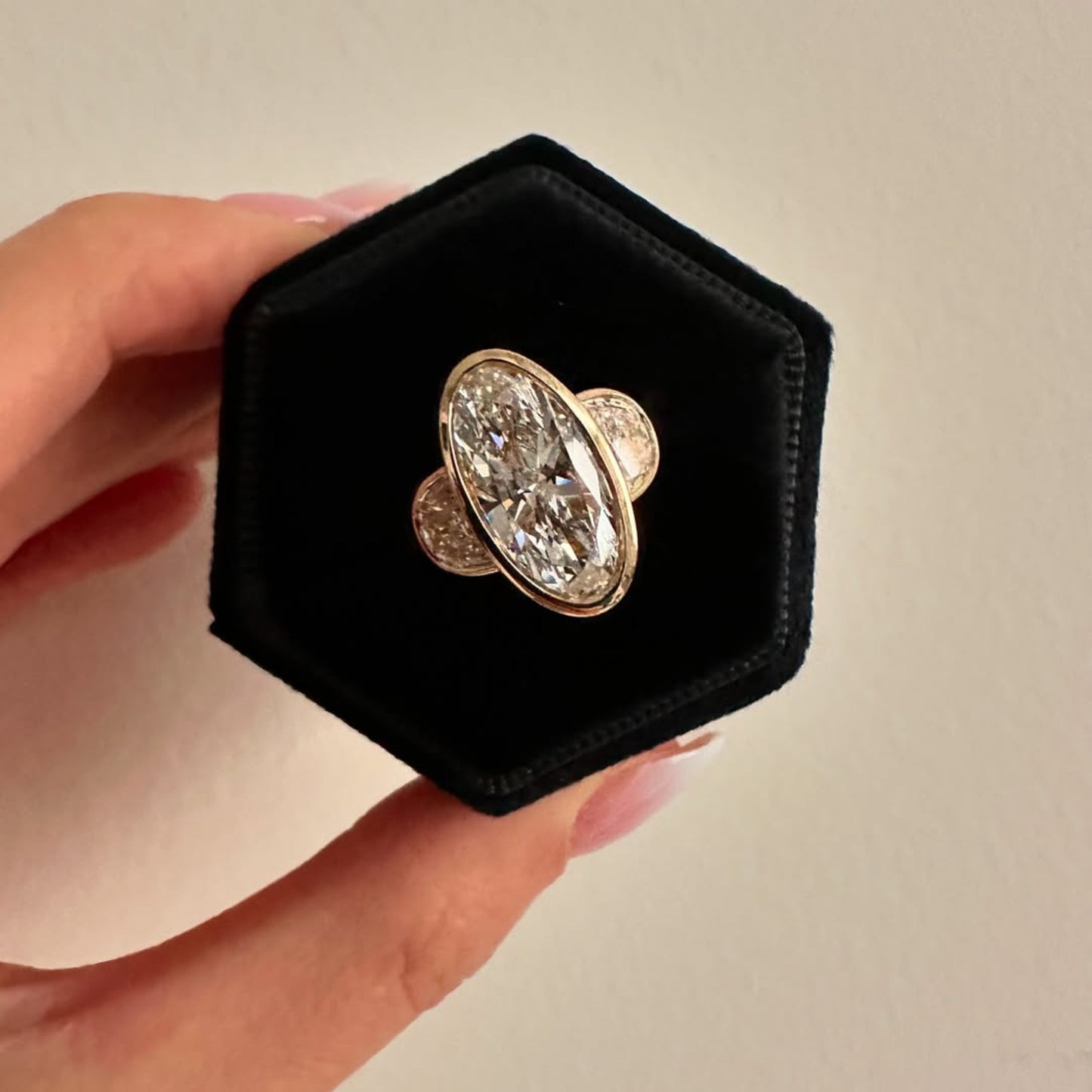 bezel set elongated oval cut engagement ring three stone oval moissanite ring past present future ring wedding rings for her