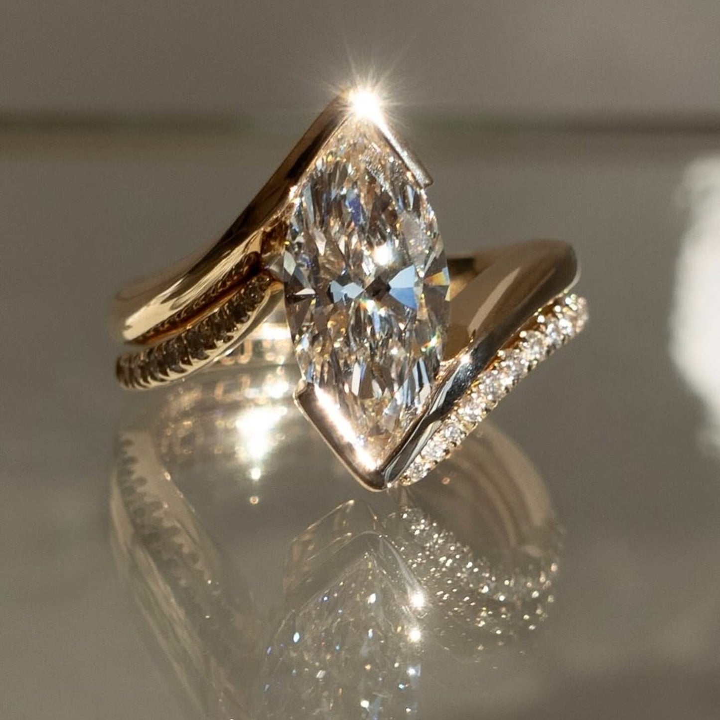 half bezel set marquise cut moissanite engagement ring set bridal sets wedding ring set anniversary ring set for women
