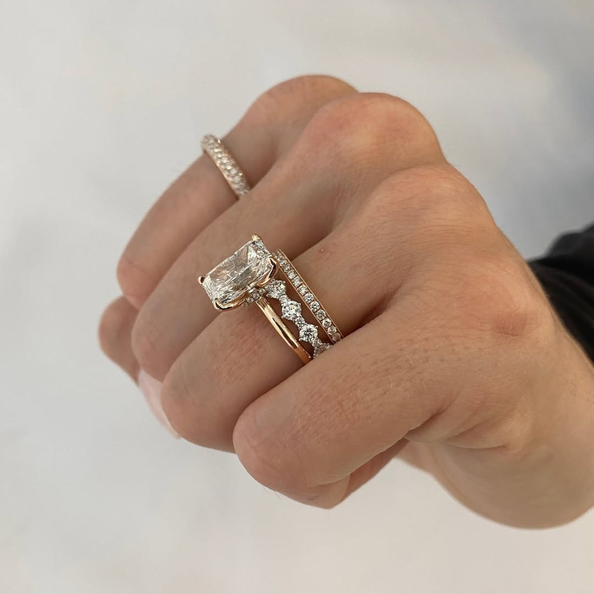 radiant cut moissanite engagement ring set solitaire ring with two matching band set bridal set wedding set anniversary set.