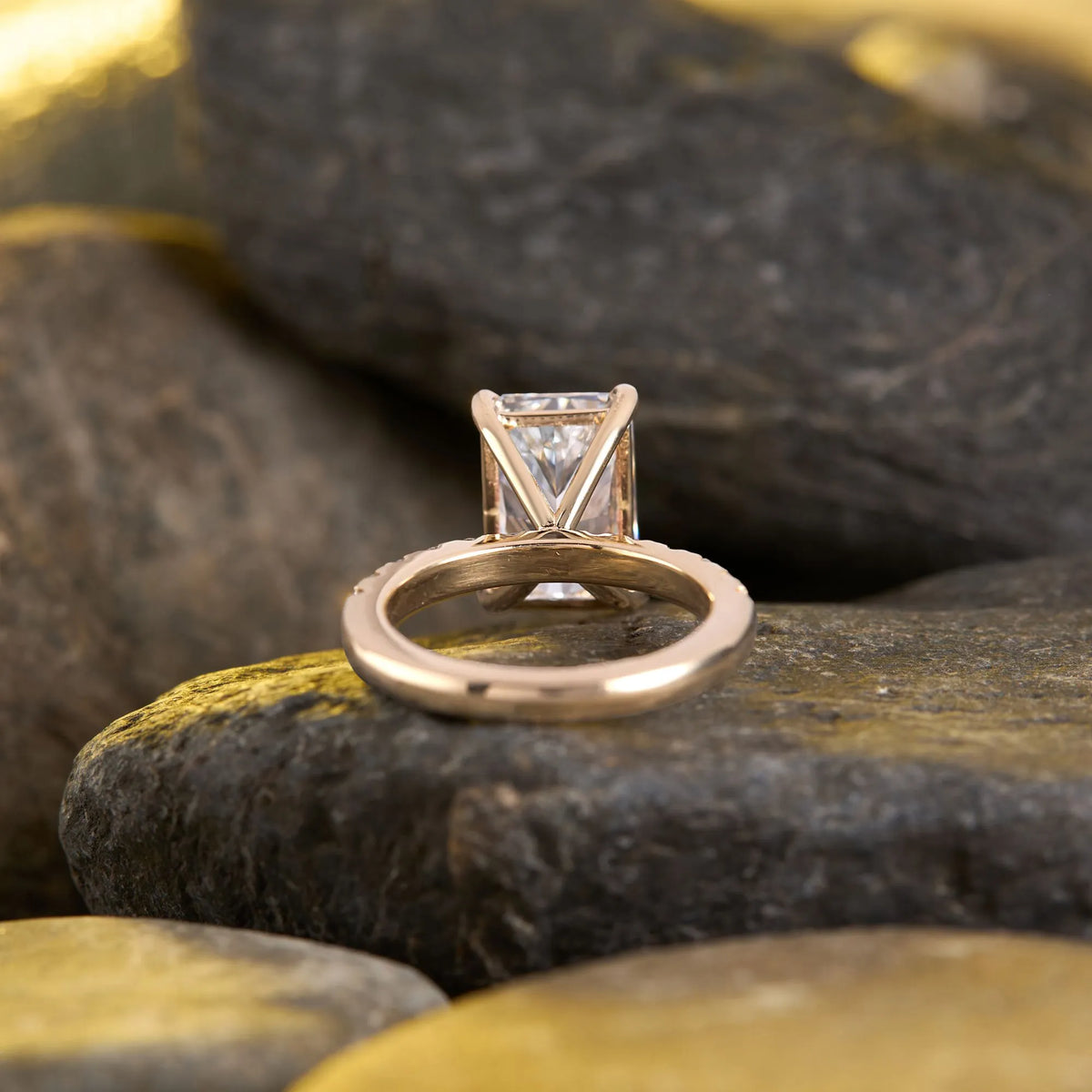 radiant cut solitaire moissanite diamond engagement ring with pavé diamond band