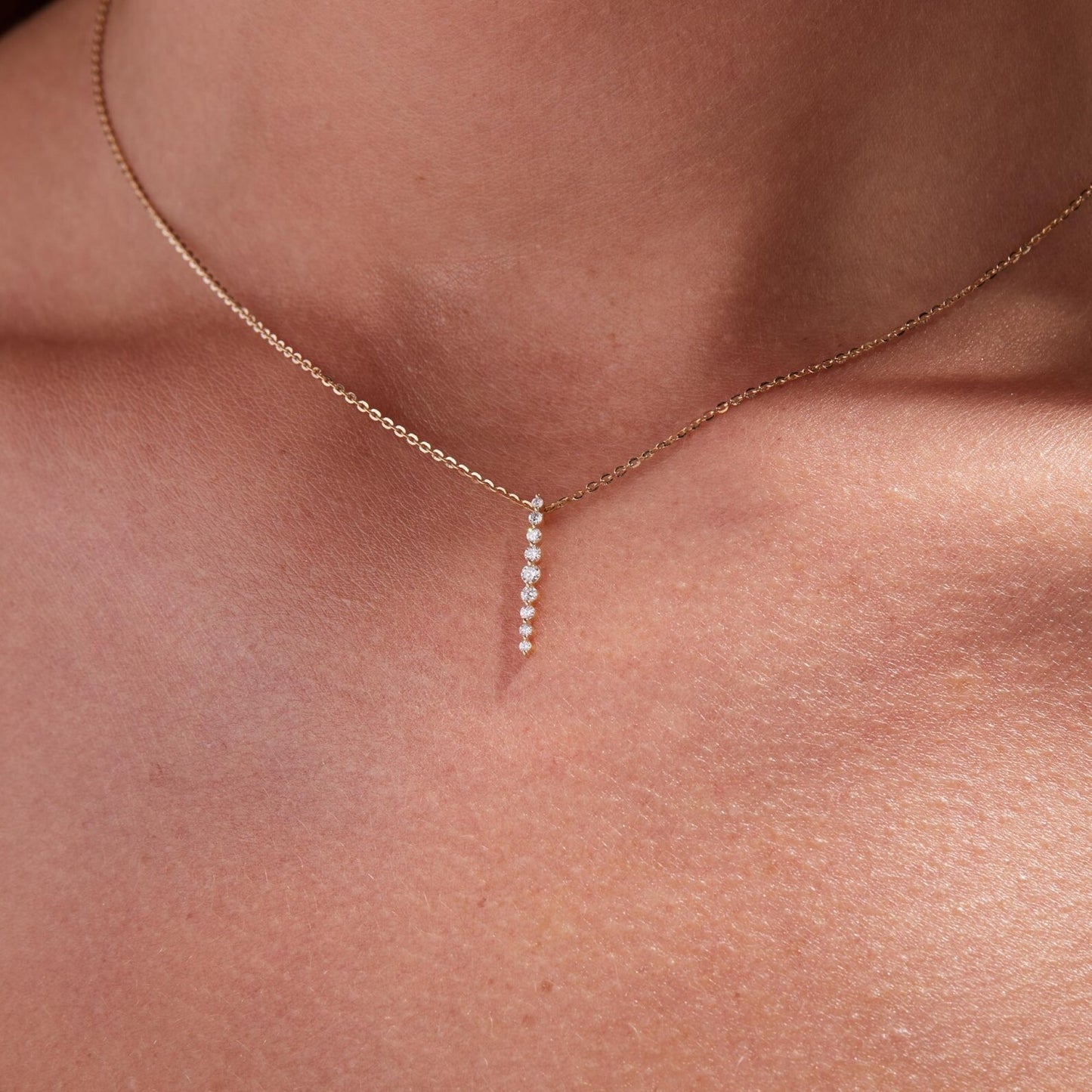 0.20 tcw round moissanite diamond gold necklace, dainty vertical pendant jewelry gift