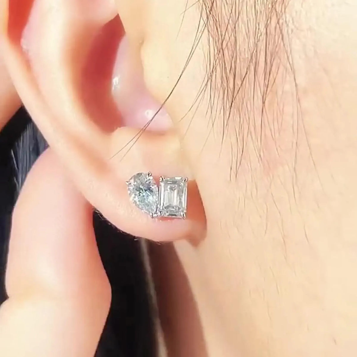 3.00 tcw pear and emerald cut moissanite diamond stud earrings modern minimalist bridal gift