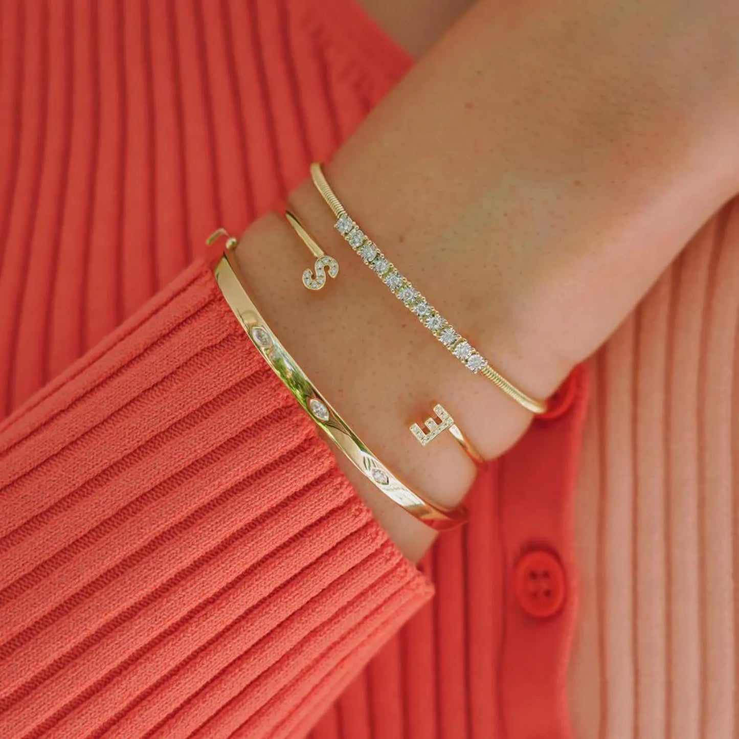 lab grown diamond initial open cuff bracelet, personalized minimal jewelry