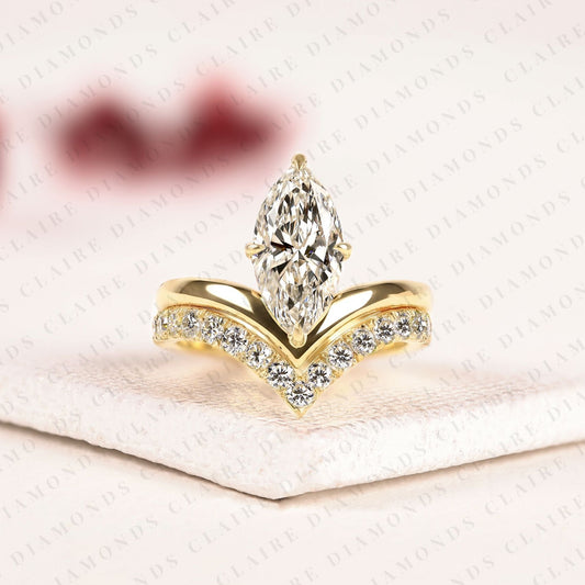 Marquise Cut Lab Grown Diamond Chevron Bridal Ring Set in Gold, Curved Band, Yellow Gold Ring, Engagement Ring for Women