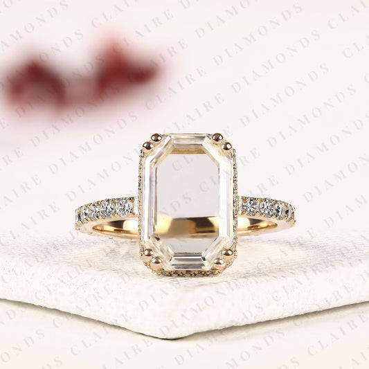 Portrait Cut Lab Grown Diamond Hidden Halo Engagement Ring | Yellow Gold Pave Band Four-Prong Basket Setting