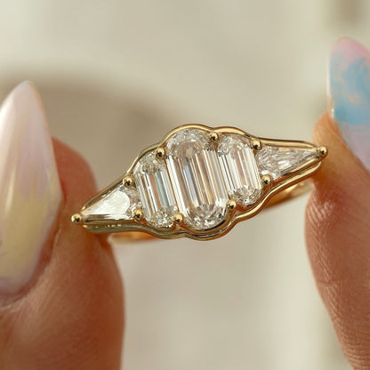 1.30 TCW Elegant Emerald Cut Multi-Stone Moissanite Diamond Ring with Trillion Side Accents in Gold Ring