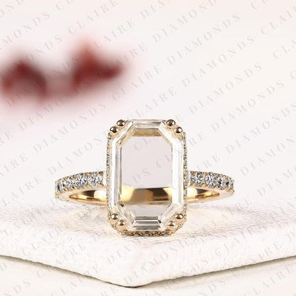 Portrait Cut Lab Grown Diamond Hidden Halo Engagement Ring | Yellow Gold Pave Band Four-Prong Basket Setting