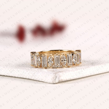 2.10 TCW Baguette & Marquise Lab Grown Diamond Half Eternity Band Ring, Alternating Wedding Anniversary Band