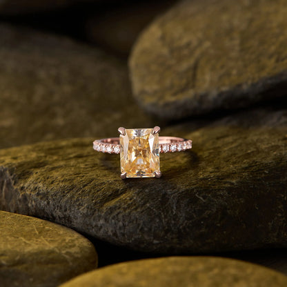 Radiant Cut Champagne Lab Grown Diamond Solitaire Engagement Ring in Rose Gold with Pavé Band