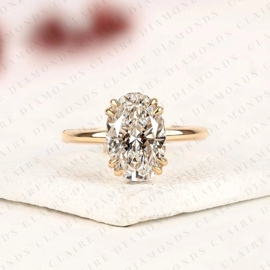 Personalized Custom Initial Oval Moissanite Diamond Ring with Hidden Halo Setting