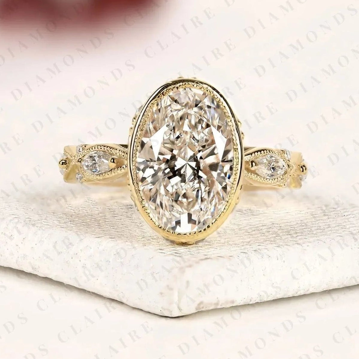 heirloom inspired oval lab grown diamond vintage engagement ring with marquise and round diamond details