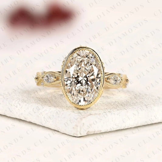 Heirloom Inspired Oval Moissanite Diamond Ring with Marquise and Round Diamond Details