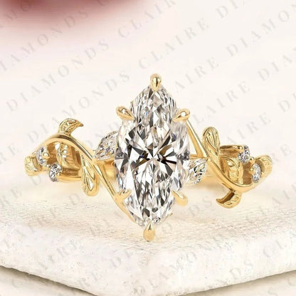 Nature Inspired Marquise Cut Moissanite Diamond Engagement Ring | Vintage Leaf Vine Ring