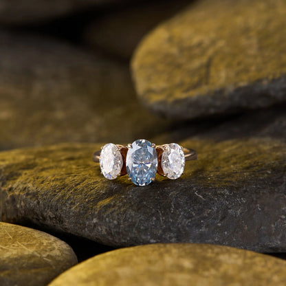 4.00 TCW Elegant Oval Cut Blue Three Stone Moissanite Diamond Engagement Ring in Gold