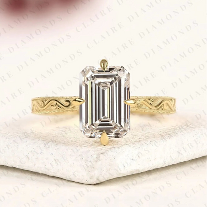 Emerald Cut Moissanite Diamond Engagement Ring, Vintage Engraved Gold Solitaire Ring, Unique Bridal Ring