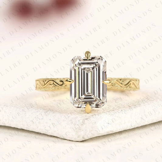 Emerald Cut Moissanite Diamond Engagement Ring, Vintage Engraved Gold Solitaire Ring, Unique Bridal Ring