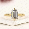 Emerald Cut Moissanite Diamond Engagement Ring, Vintage Engraved Gold Solitaire Ring, Unique Bridal Ring