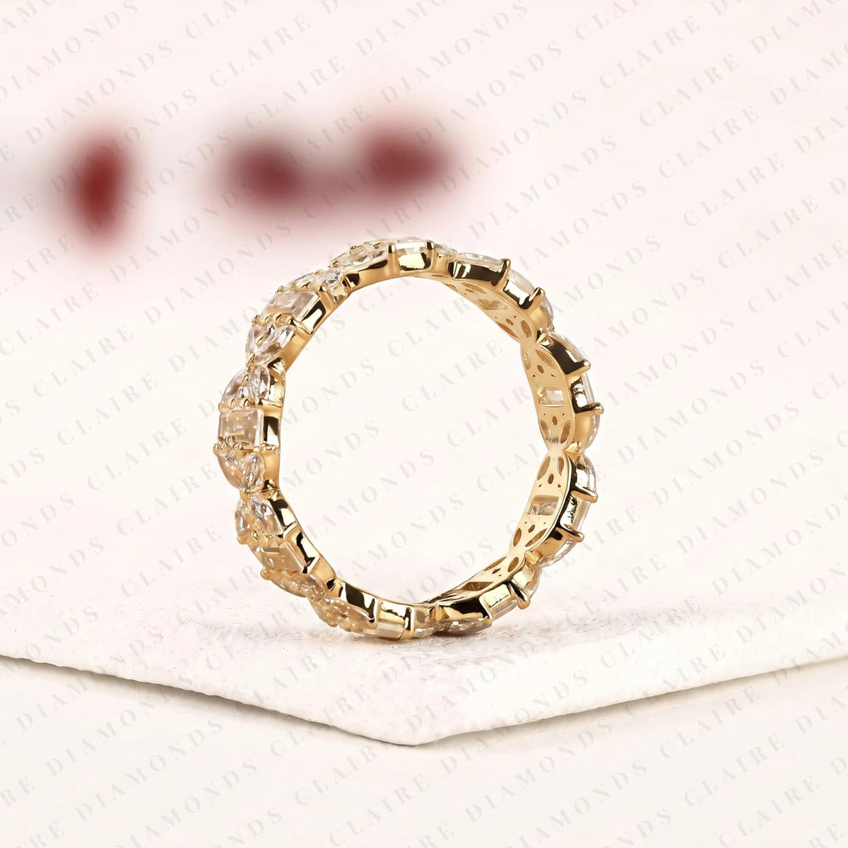 2.76 tcw mixed shape lab grown diamond eternity band | emerald cut, marquise & round diamond floral band | yellow gold full eternity wedding band