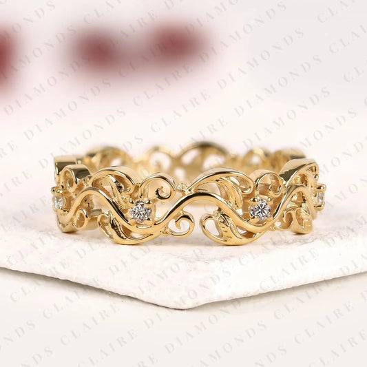 0.26 TCW Nature Inspired Round Cut Lab Grown Diamond Eternity Band, Floral Scroll Diamond Wedding Ring, Yellow Gold Botanical Anniversary Ring