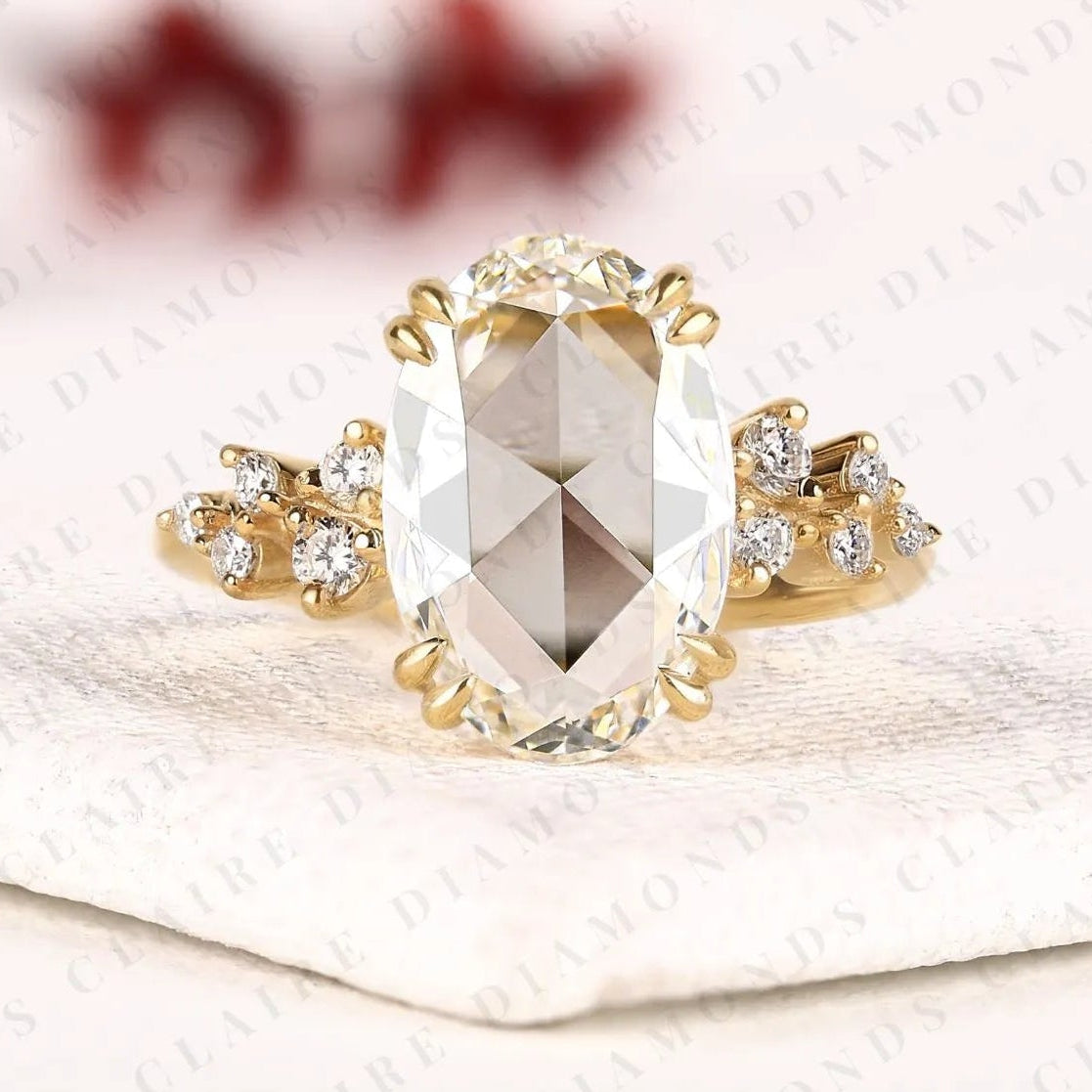 rose cut oval lab grown diamond ring, vintage floral engagement ring ,nature inspired ring