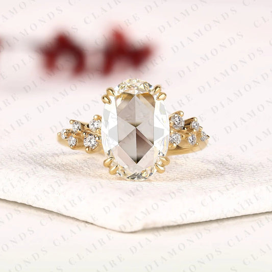Rose Cut Oval Lab Grown Diamond Ring, Vintage Floral Engagement Ring, Yellow Gold, Nature Inspired Ring
