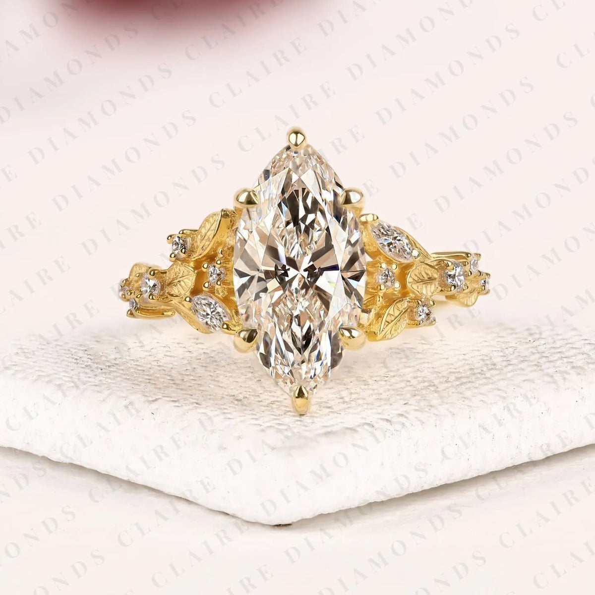 marquise cut lab grown diamond engagement ring, floral leaf vine gold ring, nature inspired bridal ring, unique vintage wedding jewelry