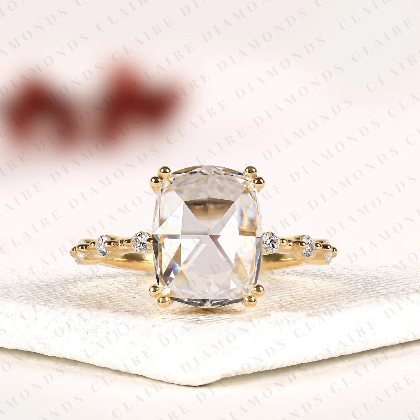 cushion rose cut lab grown diamond engagement ring | yellow gold beaded vine band with four-prong setting