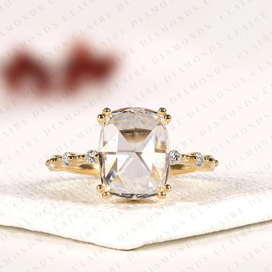 Cushion Rose Cut Lab Grown Diamond Engagement Ring | Yellow Gold Beaded Vine Band with Four-Prong Setting