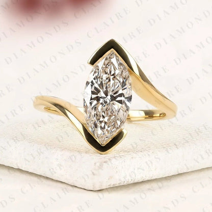 Elegant Marquise Cut Lab Grown Diamond Bypass Engagement Ring Modern Solitaire Bezel Set Ring