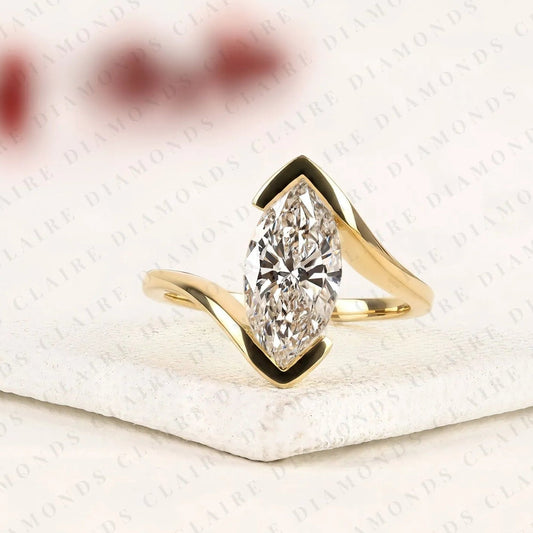 Elegant Marquise Cut Moissanite Diamond Bypass Engagement Ring in 14K Yellow Gold Modern Solitaire Bridal Ring