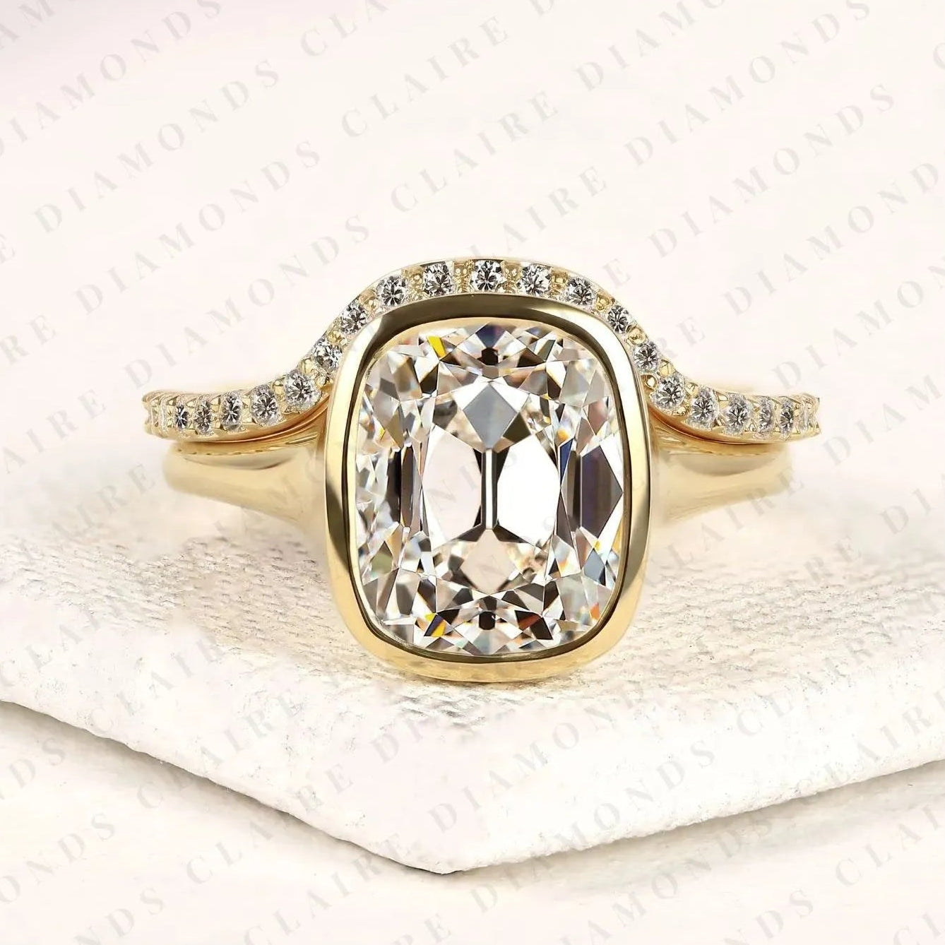 elongated cushion cut lab grown diamond engagement ring old mine cut bezel set bridal ring wedding set for women