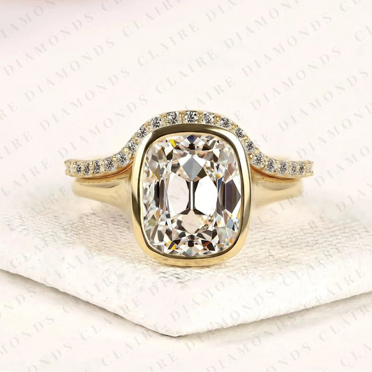 Elongated Cushion Cut Lab Grown Diamond Engagement Ring Old Mine Cut Bezel Set Bridal Ring Wedding Set for Women