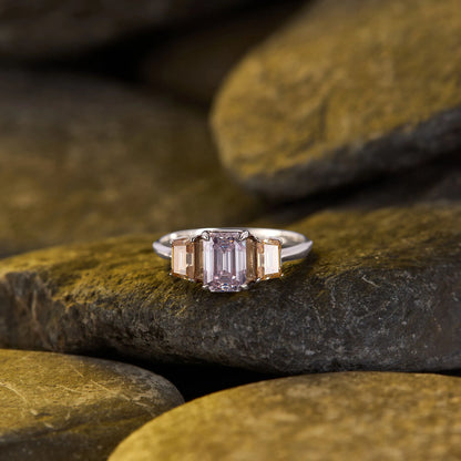 Elegant Emerald Cut Pink & Champagne Yellow Moissanite Diamond Three Stone Engagement Ring in Gold