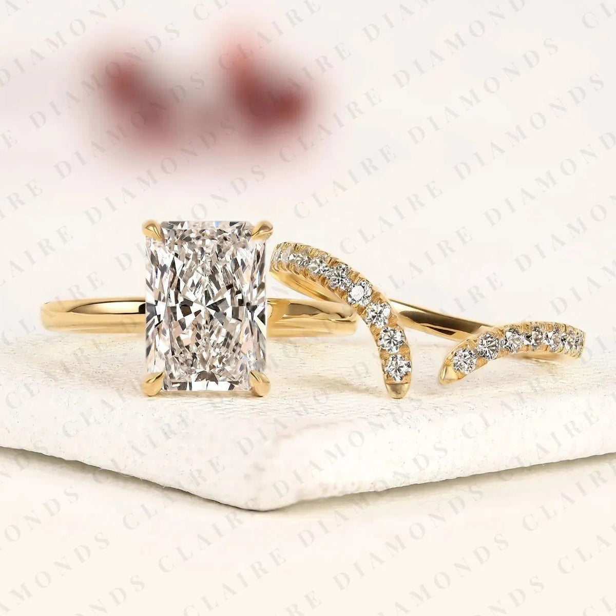 radiant cut lab grown diamond bridal ring set | matching chevron wedding band engagement ring