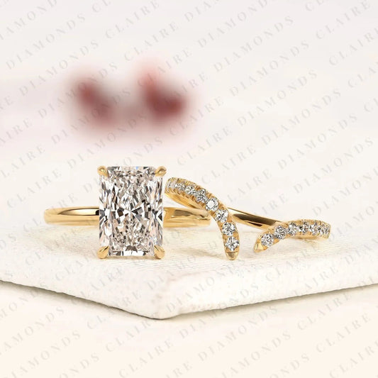 Radiant Cut Moissanite Diamond Bridal Ring Set | Matching Chevron Wedding Band Engagement Ring