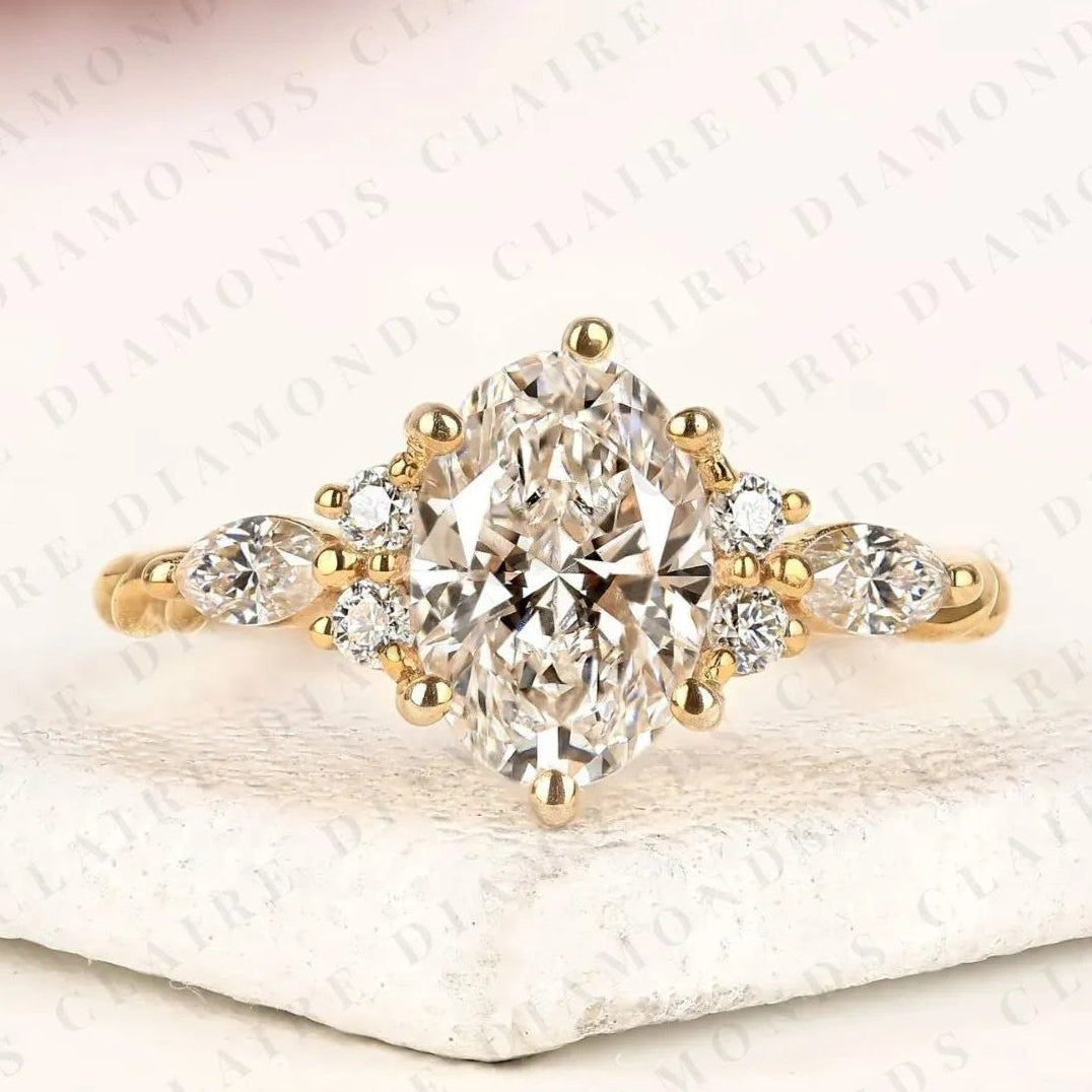 nature inspired moissanite oval diamond cluster engagement ring with twisted band