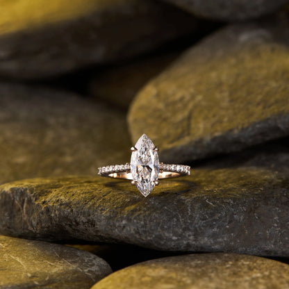 Elegant Marquise Cut Solitaire Lab Grown Diamond Engagement Ring with Sparkling Pavé Diamond Band for Timeless Luxury and Bridal Beauty