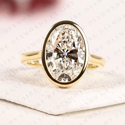 Oval Lab Grown Diamond Bezel Set Engagement Ring, Solitaire Gold Wedding Ring, Hidden Halo Ring, Minimalist Anniversary Ring