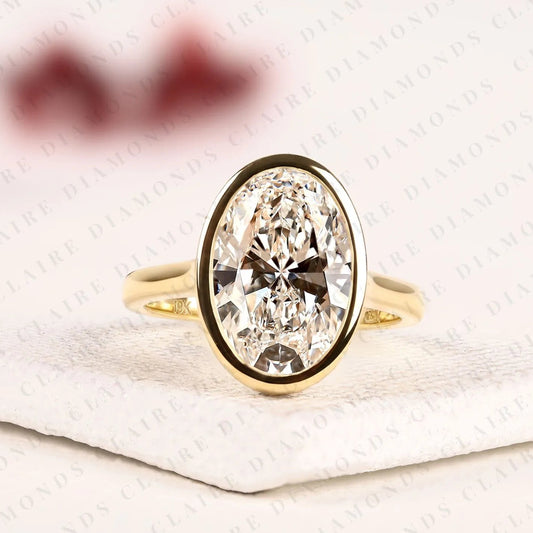 Oval Moissanite Diamond Bezel Set Engagement Ring, Solitaire Gold Wedding Ring, Hidden Halo Ring, Minimalist Anniversary Ring
