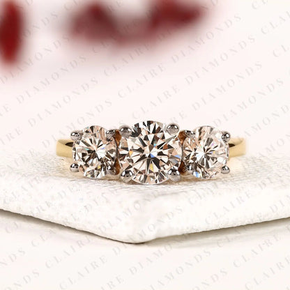 Classic Round Cut Lab Grown Diamond Three Stone Engagement Ring | Yellow Gold Bridal Ring | Elegant Wedding Jewelry