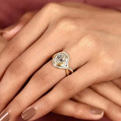 Oval Cut Lab Grown Diamond Engagement Ring | Pavé Bezel Halo Yellow Gold Bypass Ring | Twisted Split Shank Bridal Jewelry | Modern Statement Ring