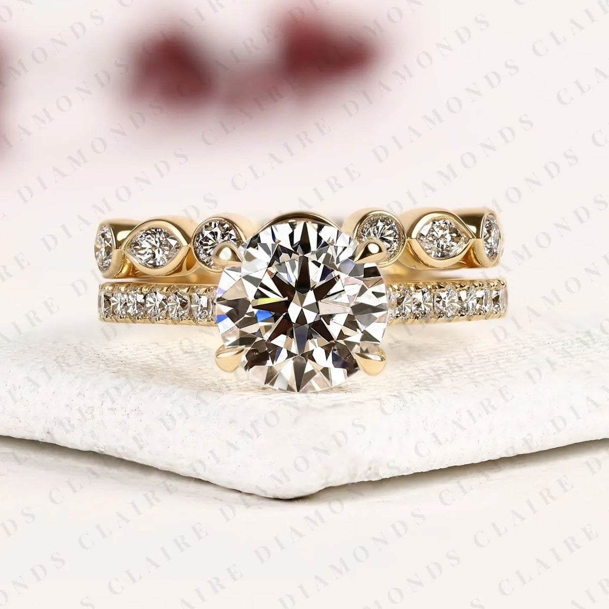 round cut moissanite diamond engagement ring set | yellow gold bezel accent wedding band | modern two-tone bridal ring set