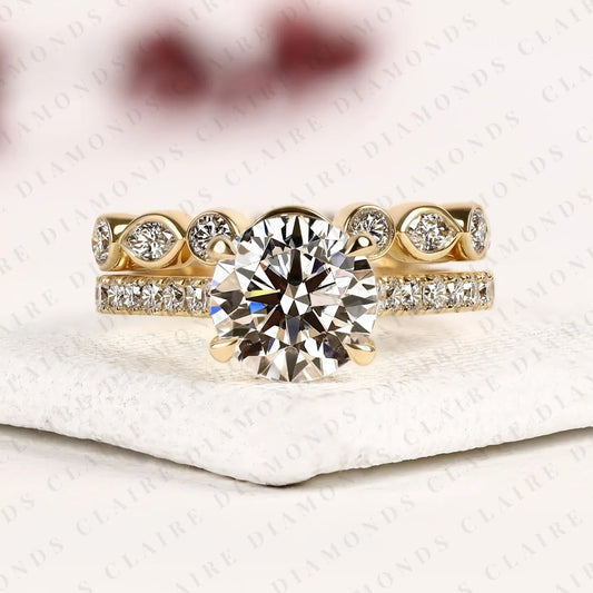 Round Cut Lab Grown Diamond Engagement Ring Set | Yellow Gold Bezel Accent Wedding Band | Modern Two-Tone Bridal Ring Set