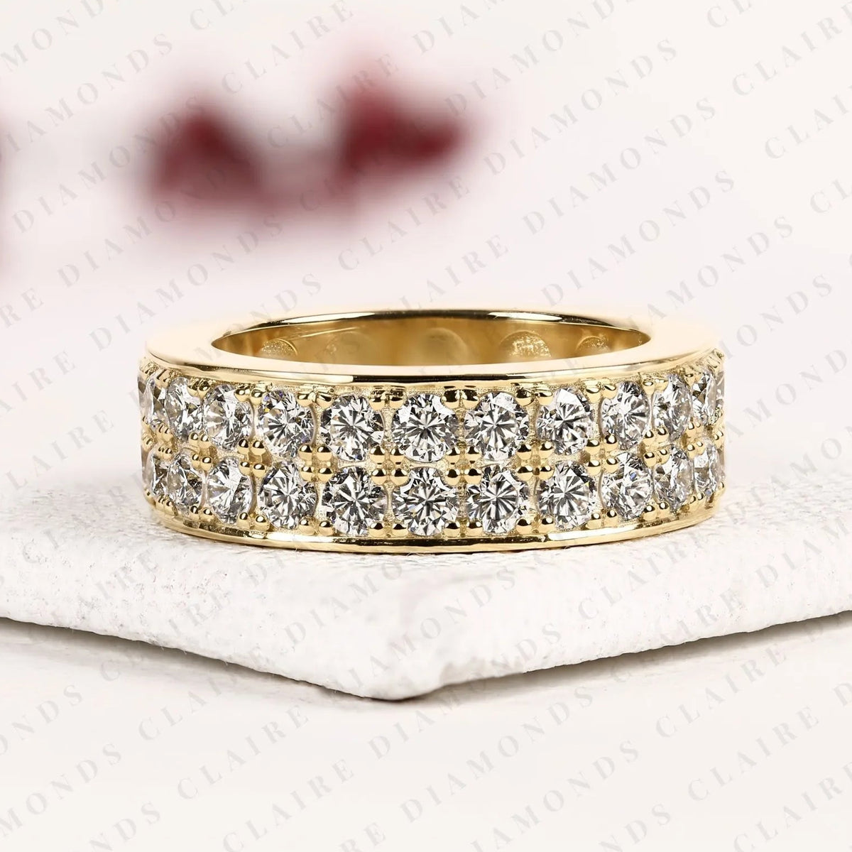 round cut lab grown diamond eternity wedding band | double row pave diamond wedding ring | yellow gold full eternity anniversary band | luxury jewelry