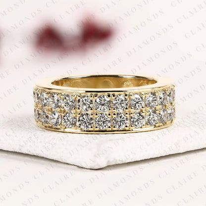Round Cut Lab Grown Diamond Eternity Wedding Band | Double Row Pave Diamond Wedding Ring | Yellow Gold Full Eternity Anniversary Band | Luxury Jewelry