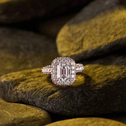 Luxury Vintage Emerald Cut Halo Lab Grown Diamond Engagement Ring with Pavé Band in Gold