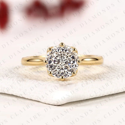 Round Portuguese Cut Lab Grown Diamond Engagement Ring, Yellow Gold Cathedral Ring, Luxury Anniversary Gift for Women