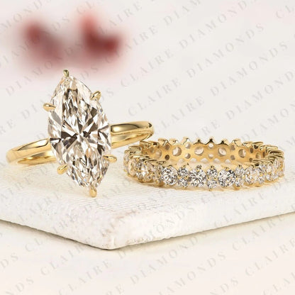 Marquise Cut Moissanite Diamond Engagement Ring Set with Eternity Wedding Band in 14K Yellow Gold