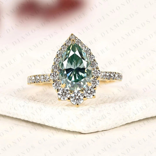 Blue Pear Cut Moissanite Diamond Halo Engagement Ring Vintage Inspired Pave Bridal Ring Unique Anniversary Ring for Women